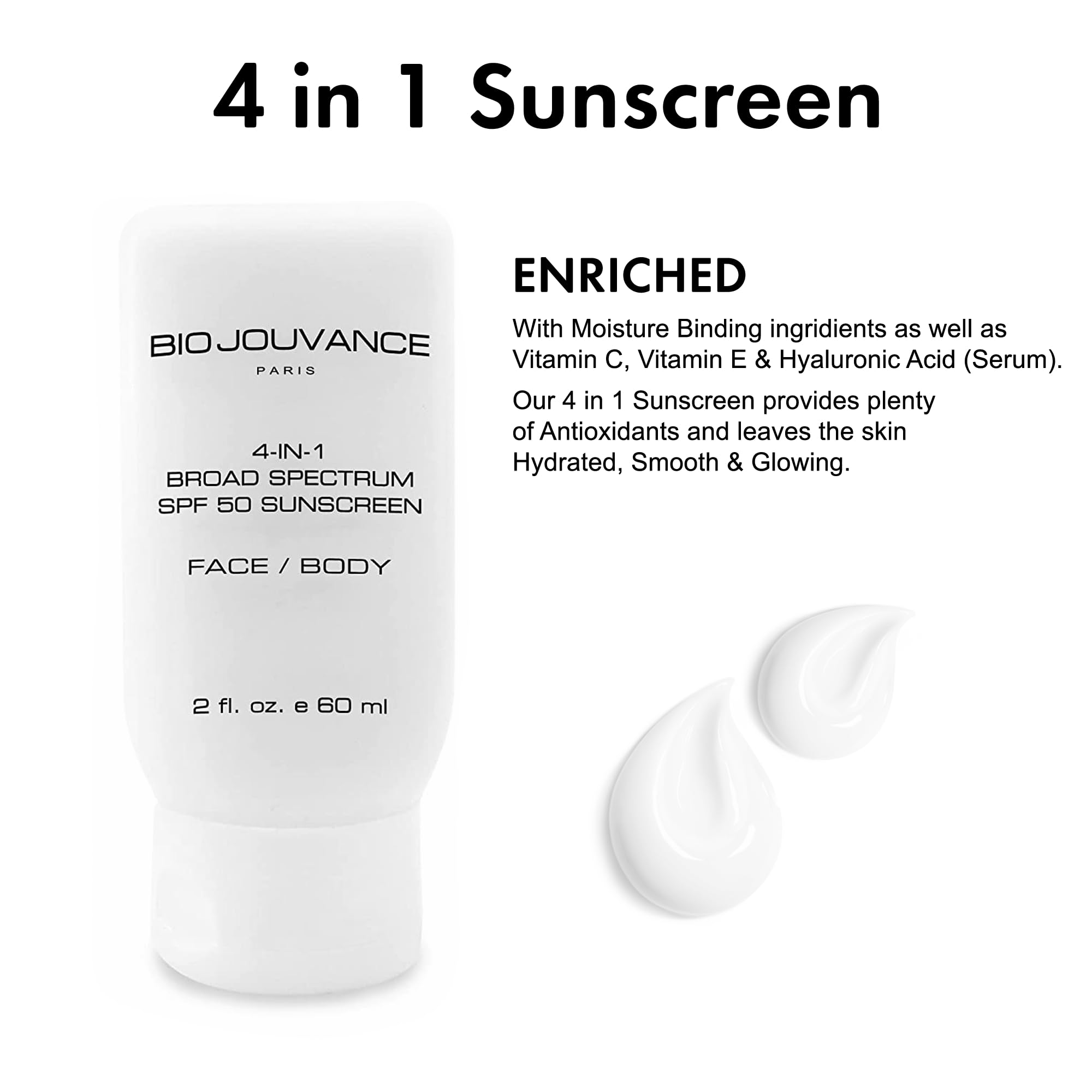 BIO JOUVANCE PARIS - 4 In 1 Sunscreen 2oz(60ml) | SPF50 Sunblock + Moisturizer + Anti-Aging + Antioxidant | Face&Body Sensitive