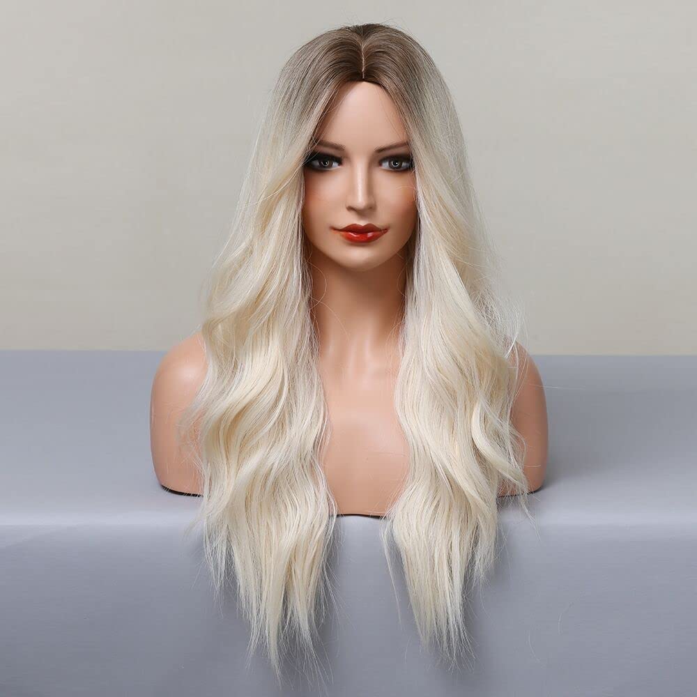 Jooler Blonde Wig, Platinum Blonde Wigs For Women, Long Ombre Blonde Wig With Dark Roots, Heat Resistant Fiber, Adjustable Cap,