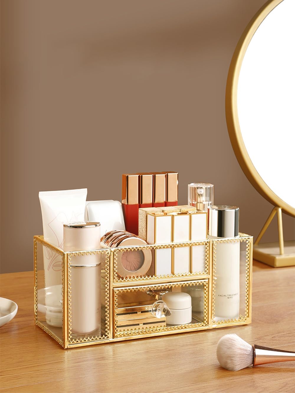 FSyueyun Vanity Clear Glass Makeup Organizer, Gold Makeup Brush Holder Cosmetic Storage Display Case for Skincare Perfume Dresse