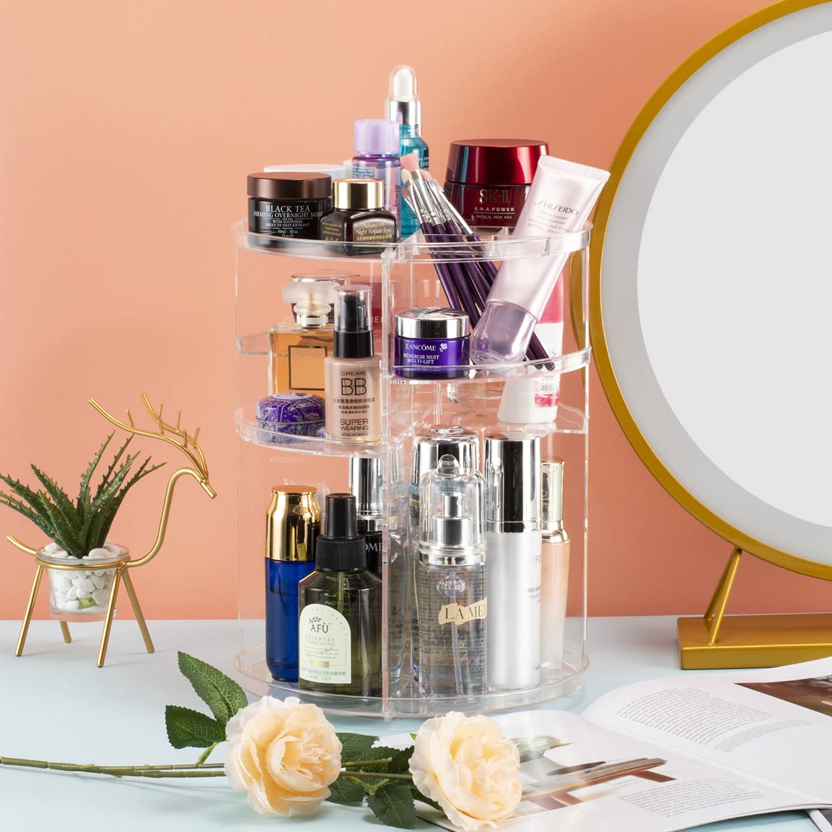 Argox 360 Rotating Makeup Organizer, Skincare Storage Box, Cosmetic Display Case With Brush Holder Perfume Tray, Multifunctional