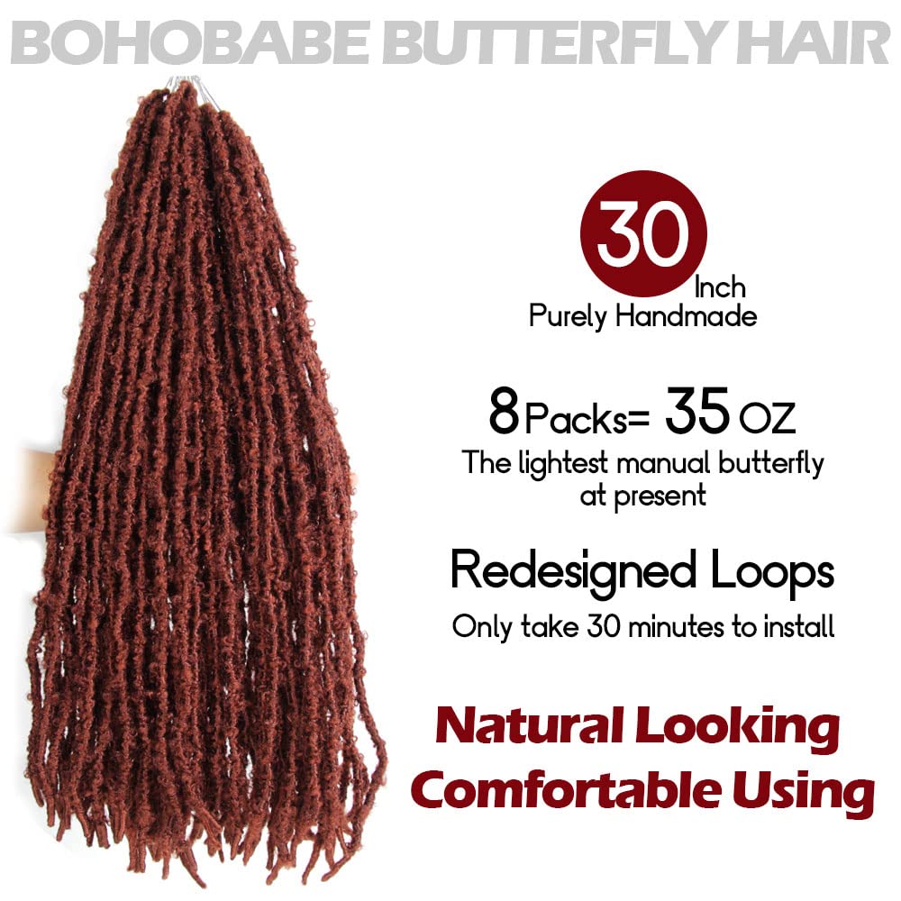 Bohobabe 30 Inch Light Weight Butterfly Locs Crochet Hair 8 Packs Long Ginger Red Distressed Butterfly Faux Locs Crochet Hair, 3