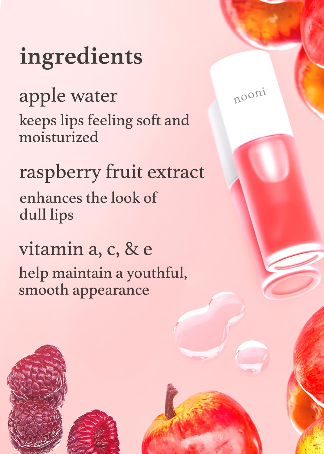 NOONI Vegan Appleseed Lip Oil - Appleberry | Moisturizing, Plumping, Waterproof | 0.12 Fl Oz | Korean Tint, Valentine Gift