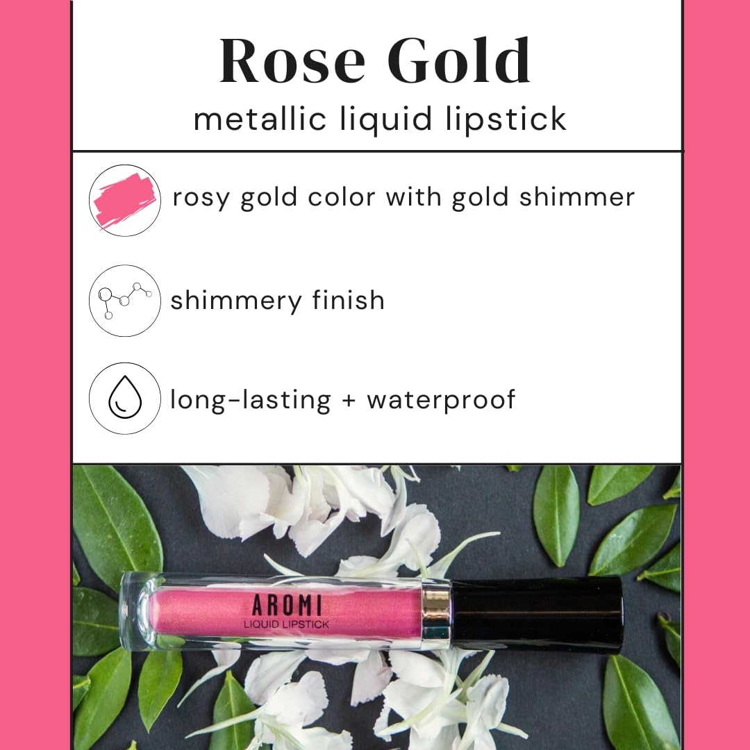 Aromi Metallic Liquid Lipstick | Peachy Pink, Coral Lip Color With Shimmery Finish, Long-Lasting, Vegan, Cruelty-Free, Smudge Pr