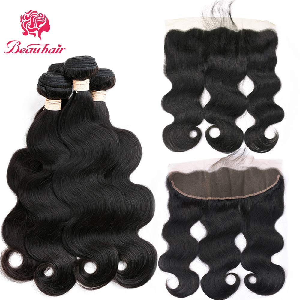 Beauhair Body Wave Bundles With Frontal Human Hair 3 Bundles With Lace Frontal 8A (26 26 26+20, Natural Black) Brazilian Body Wa