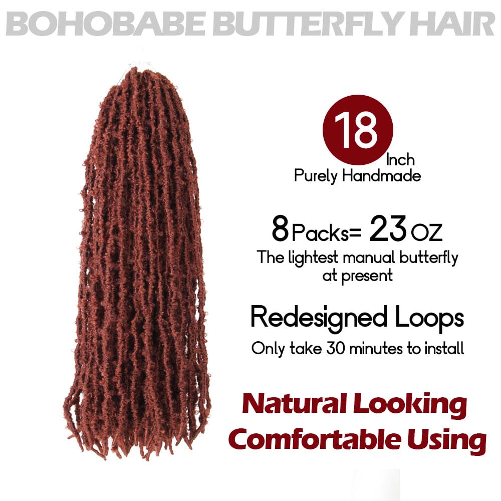 Bohobabe 18 Inch Light Weight Butterfly Locs Crochet Hair 8 Packs Long Ginger Red Distressed Butterfly Faux Locs Crochet Hair, 3