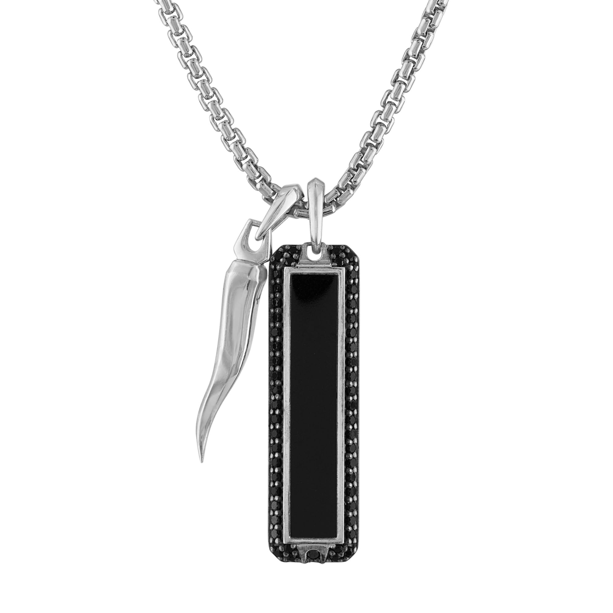 Bulova Jewelry Mens Icon Black Onyx and Black Diamond Amulet Sterling Silver Pendant and Rounded Box Link Chain Necklace, Lengt