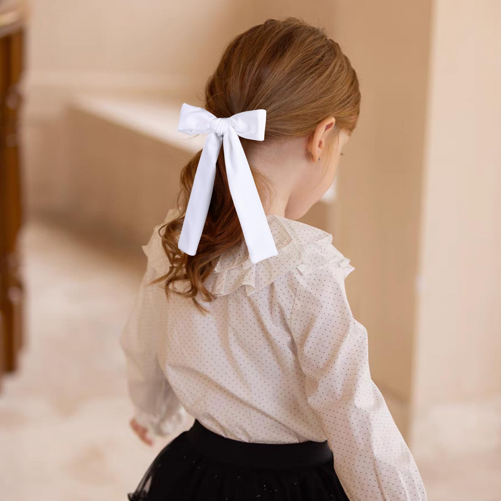 White Velvet Ribbon Hair Bow Clips 5'' Soft Luxury Velvet Hair Bow Set For Toddler Teen Girls Long Ponytail Knot Bows Alligator