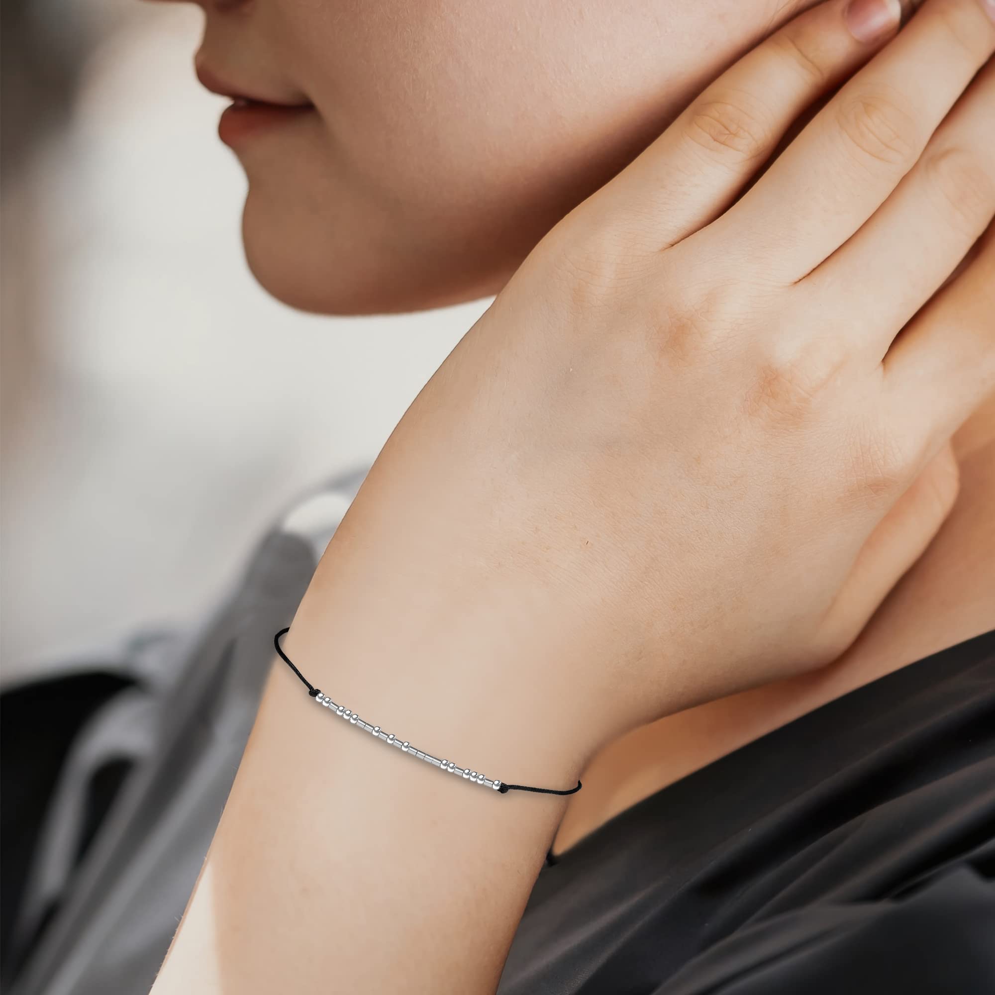 KGBNCIE Be The Change Bracelet Morse Code Jewelry Gift for Women 925 Sterling Silver Bracelet Beads on Silk Cord Inspirational G