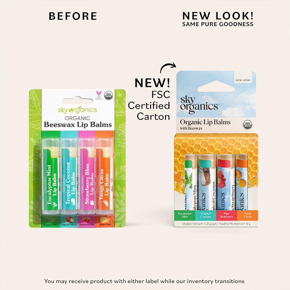 Sky Organics - Organic Lip Balm Set (4-Pack) - Organic Beeswax, Botanical Oils & Extracts - Vitamin E & Organic Natural Flavors