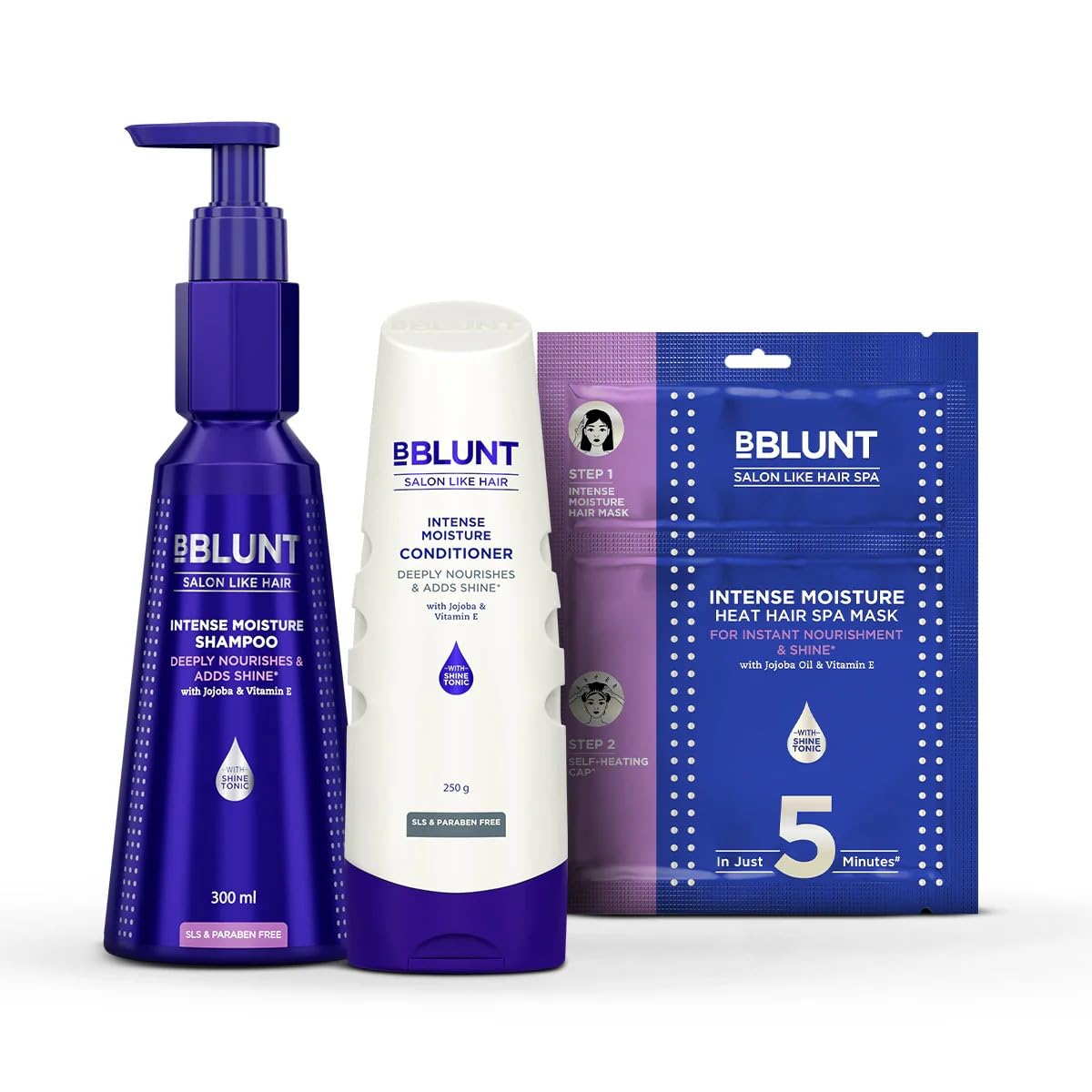 Bblunt 3Step Intense Moisture Combo (Shampoo  300 Ml + Conditioner  250 G + Heat Hair Spa Mask  70 G)