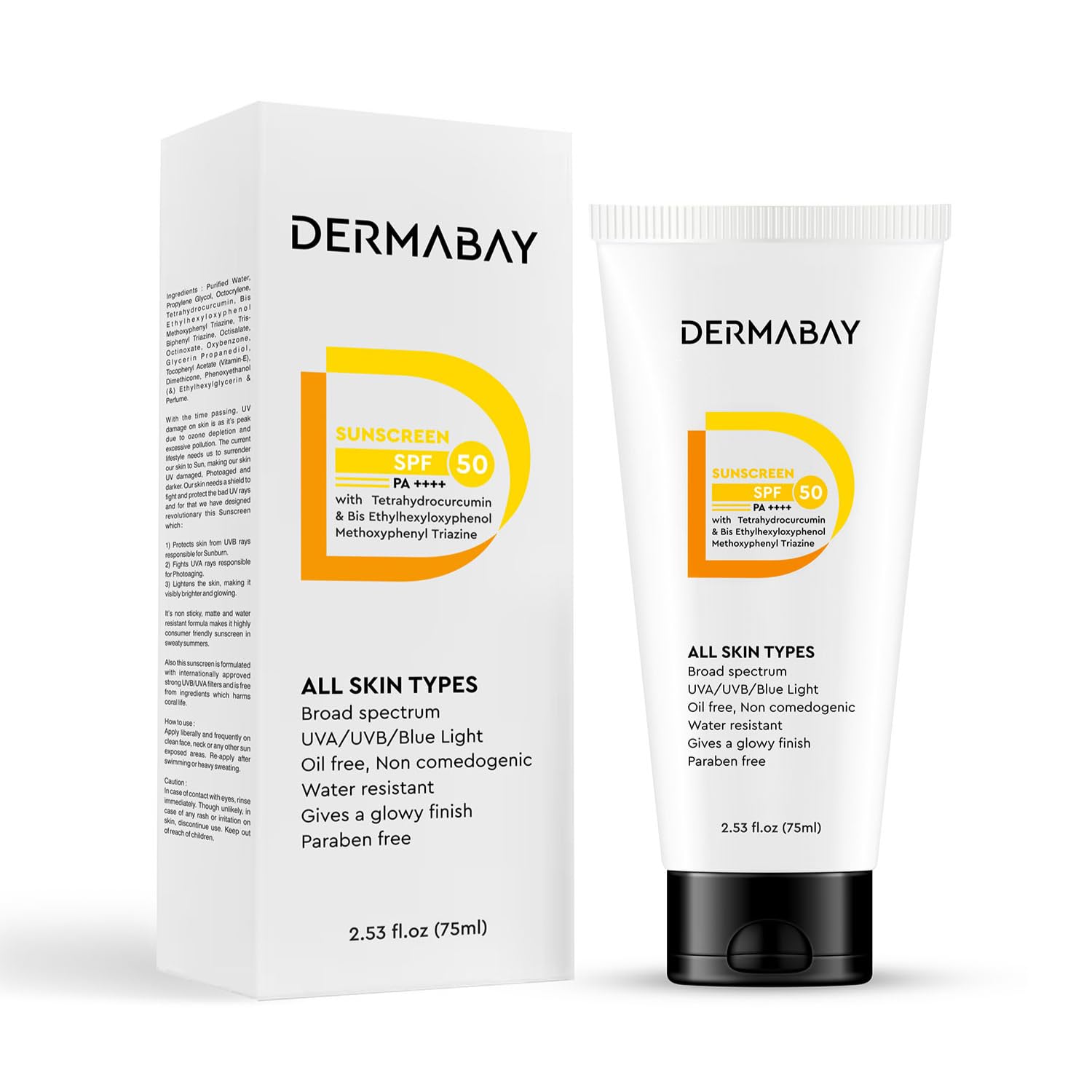 Dermabay Sunscreen Spf 50 Pa++++, Light, No WhiteCast Broad Spectrum & Blue Light Protection For Oily, Dry, AcneProne Skin, No