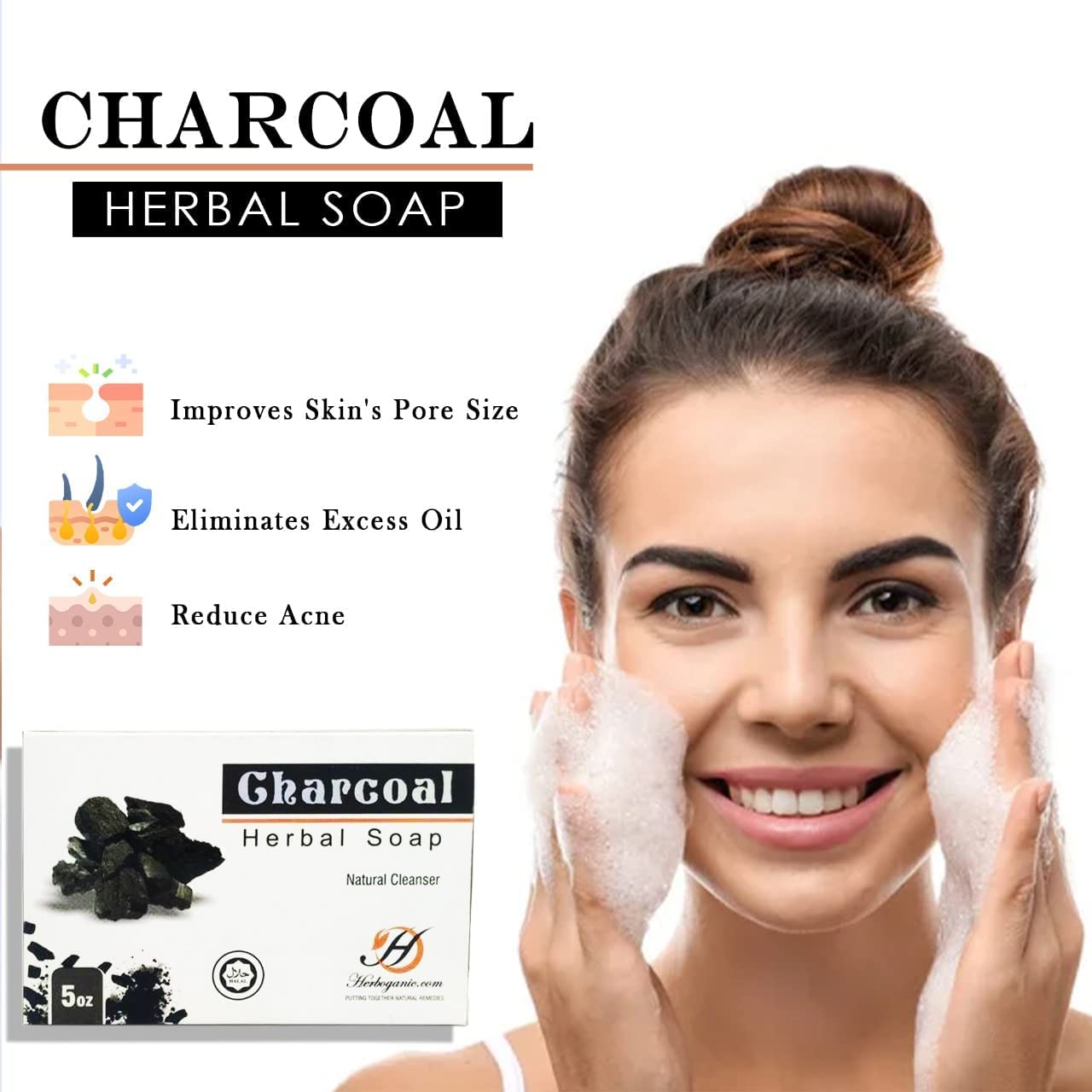 HERBOGANIC Charcoal Herbal Soap | Pack of 3 of 5oz soap Bar | Natural Bar Soap for Face and Body | Hydrating and Nourishing | Su
