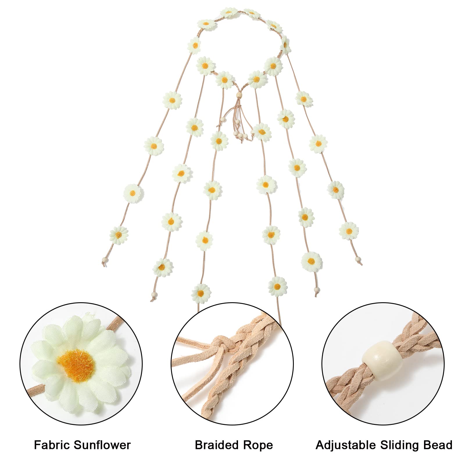 Awaytr Flower Hippie Headband Floral Crown Behemain Sunflowers Beads Adjust Flower Headdress Hair Accessories