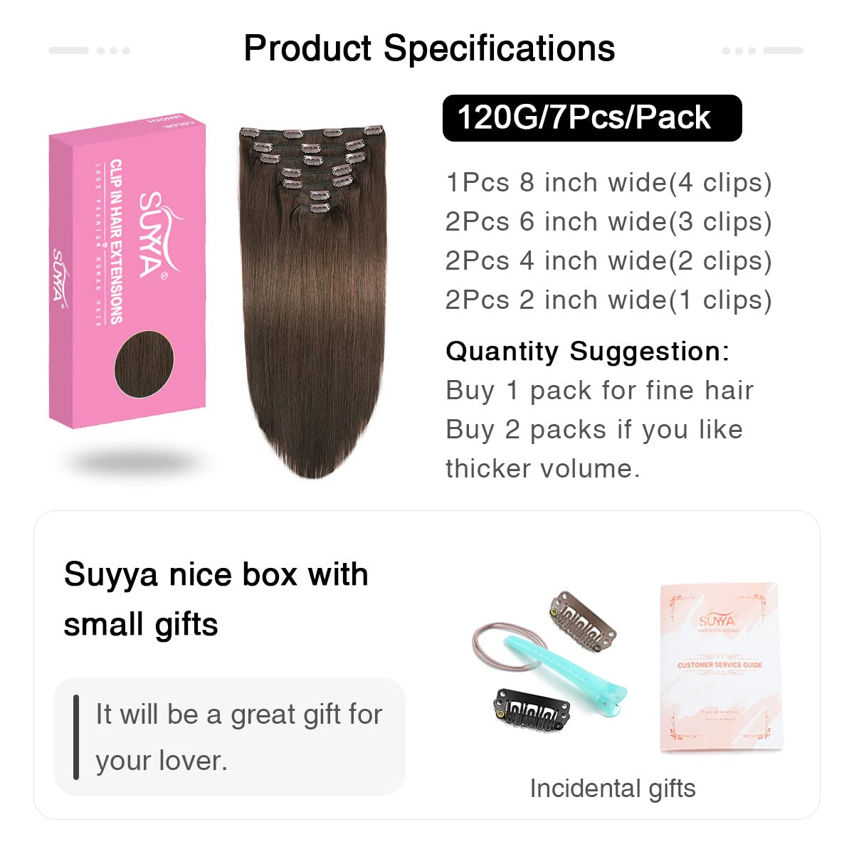 SUYYA Clip in Hair Extensions Real Human Hair,Hair Extensions Clip ins Straight Human Hair Clip ins Double Weft Remy Hair Extens