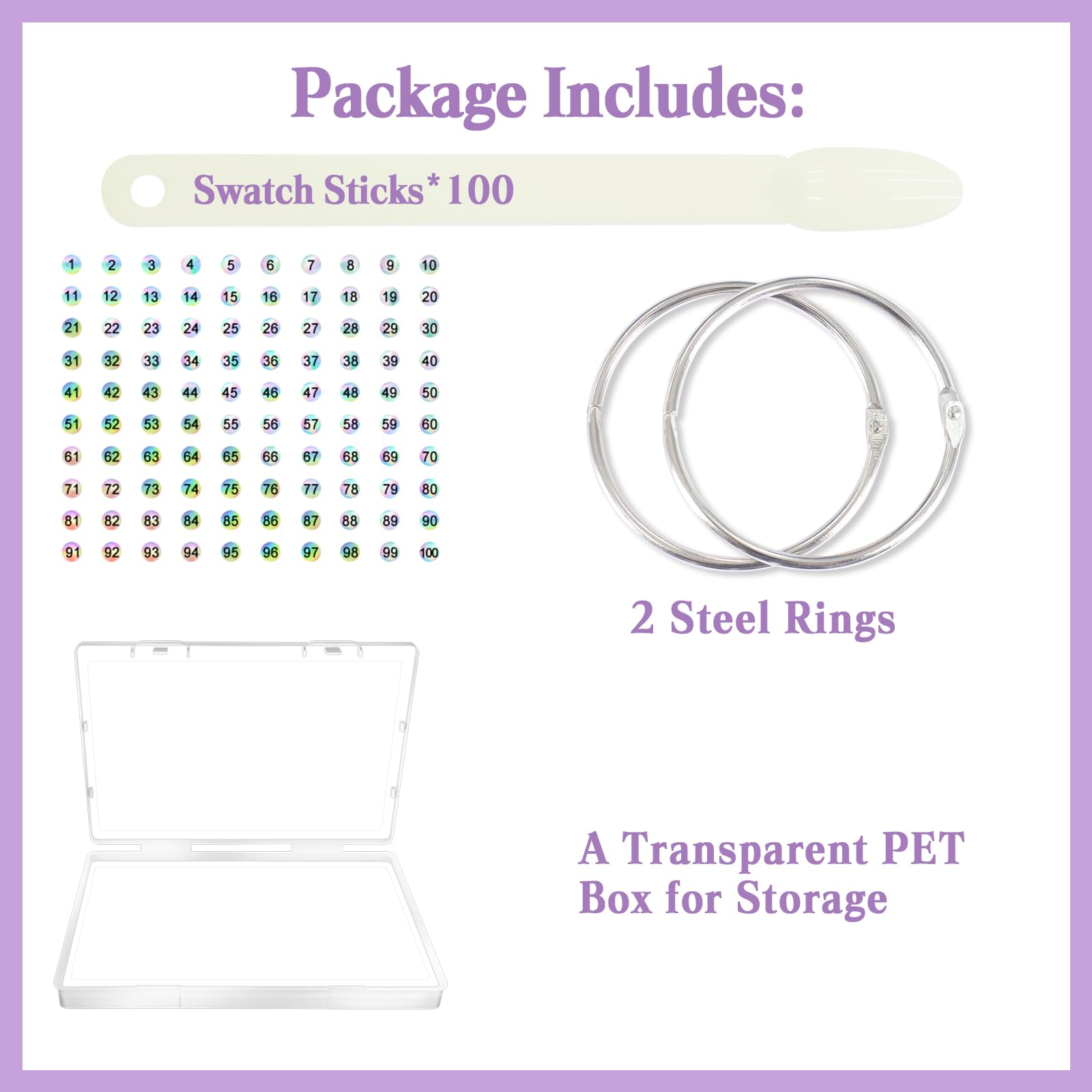 Laza 100 Pcs Nail Swatch Sticks Box-Packed With Ring And Numbered Stickers Nail Art Polish Color Display Practice Tips Natural B