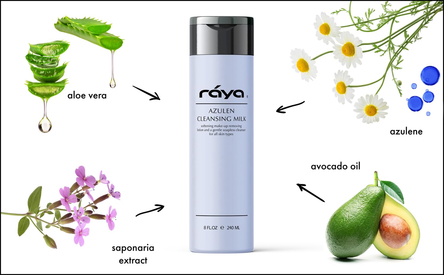 Raya Azulen Facial Cleansing Milk 8 oz (150) | Calming and Refining, Soap-Free Fluid Cleanser and Make-Up Removing Lotion | Made