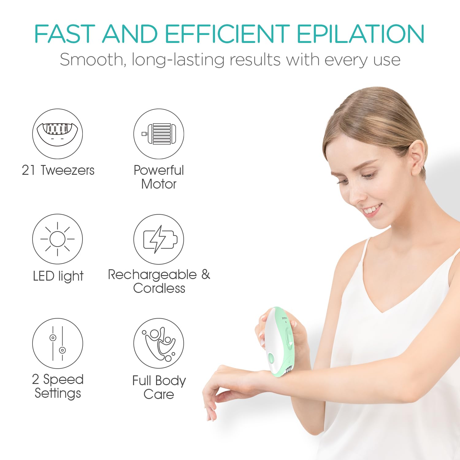 VOGOE Epilators Hair Removal for Women with 21 Tweezers & LED Light, 2 Speeds Cordless Epilator for Women, Electric Hair Removal