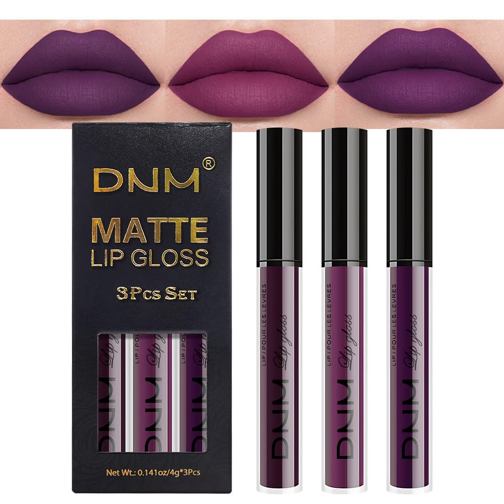 Evpct Dnm 3Pcs Dark Purple Mauve Plum Maroon Matte Liquid Lipstick Lip Stain Sets For Women Matte+Lipstick Long Lasting Permanen