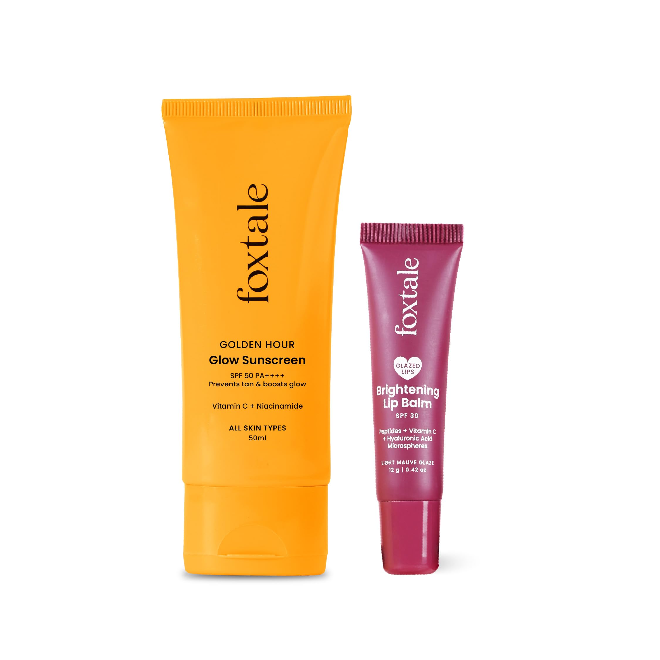 Foxtale Spf Power Pair | Spf 50 Glow Sunscreen & Spf 30 Brightening Lip Balm | Broad Spectrum Uv Protection | Prevents Tanning &