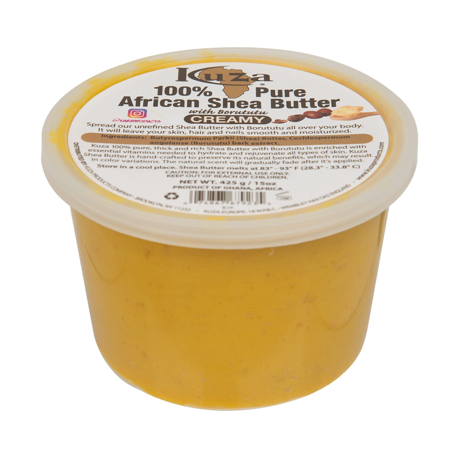 Kuza 100% Pure African Shea Butter with Borututu, Yellow Creamy - 15oz. - Moisturizer for Hair, Skin & Nails