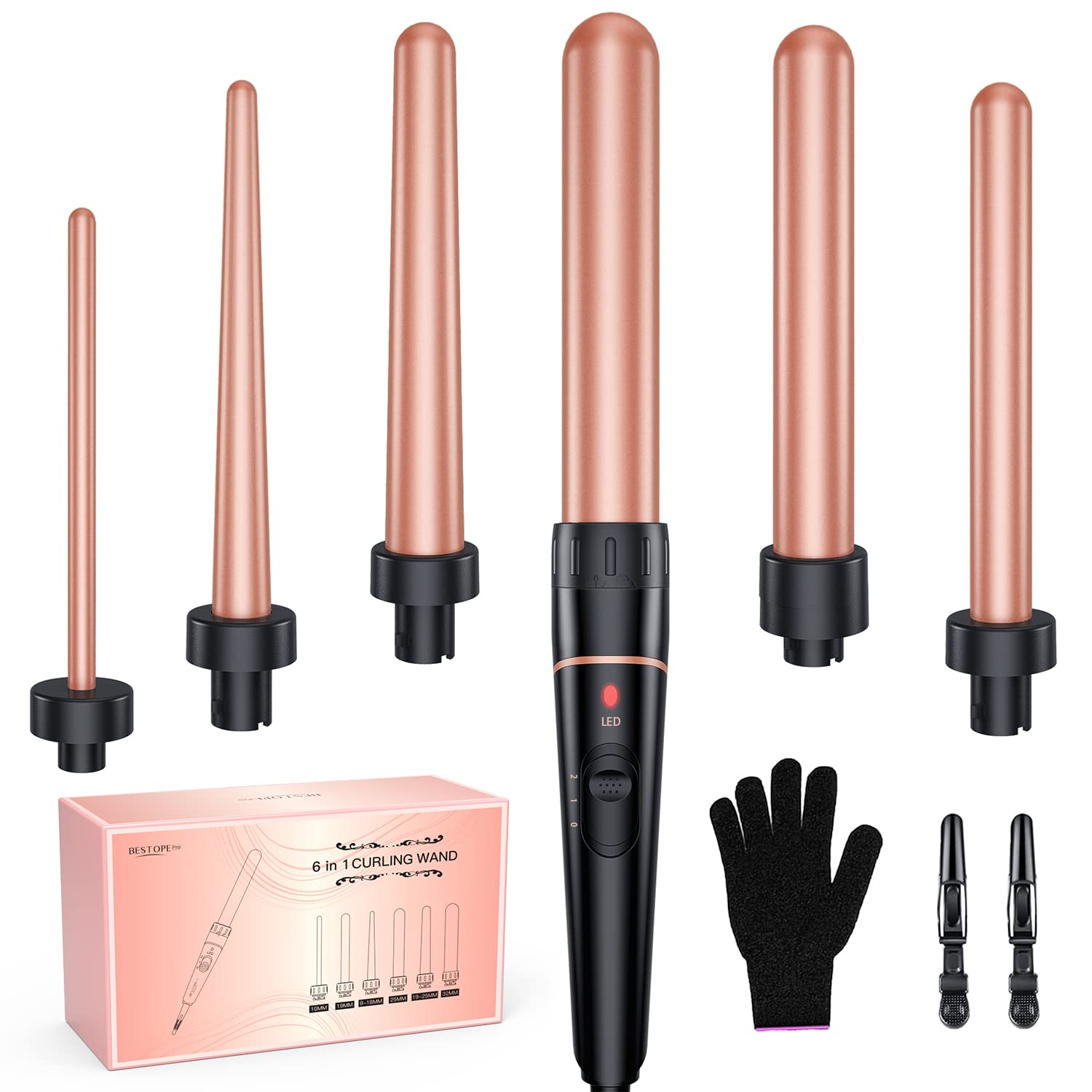 BESTOPE PRO 6 in 1 Curling Wand Set, Ceramic, Rose Gold, Model L-F, Interchangeable 0.35"-1.25" Hair Curlers for Long/