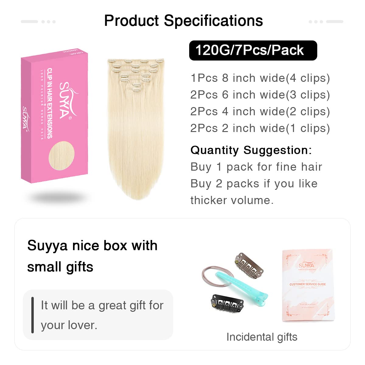 SUYYA Clip in Hair Extensions Real Human Hair,Bleach Blonde Clip in Hair Extensions Straight Hair Extensions Clip ins Double Wef