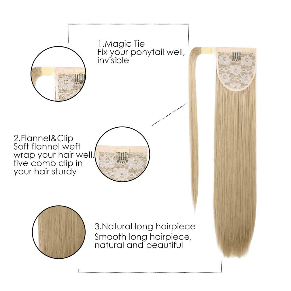 SEIKEA Clip in Ponytail Extension Wrap Around Long Straight Ponytail Natural Soft Synthetic Hairpiece for Women 20 Inch- Black