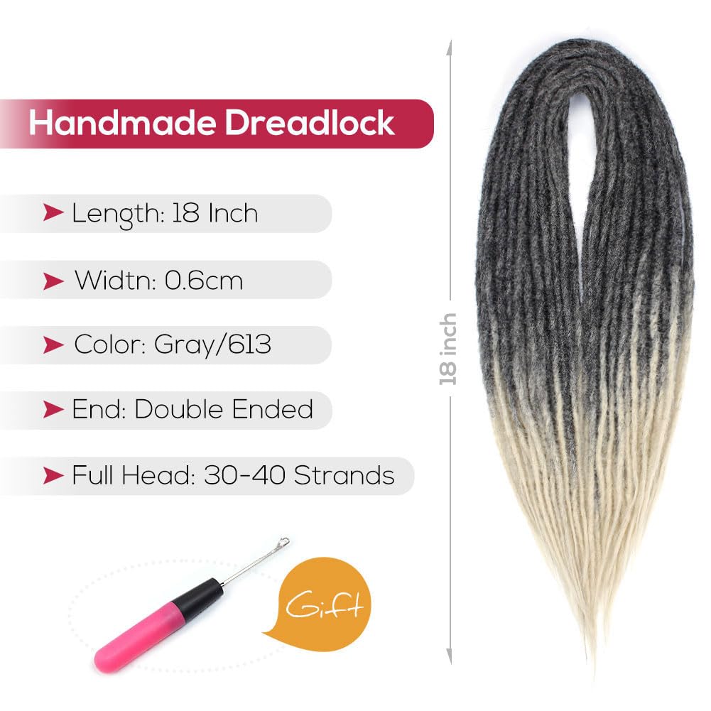 Kraler 18'' Double Ended Dreadlock Extensions, 20 Strands Handmade Gray to Blonde Synthetic DE Dreads Extensions, Thin 0.6cm Wid