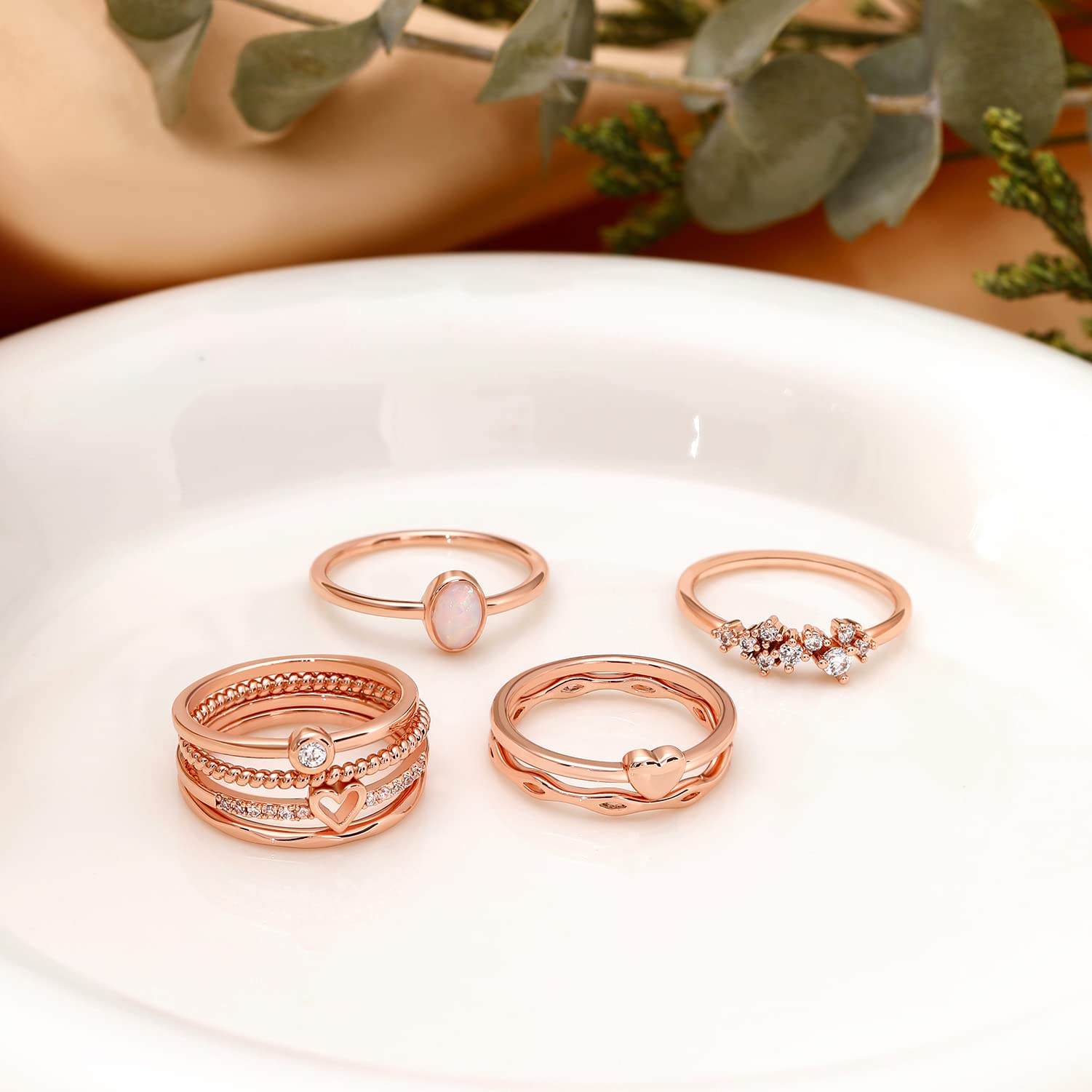 RLMOON 8PCS 14K Gold Plated Stacking Ring Set for Women Teen Dainty Thumb Stackable Rings Gold Heart CZ Promise Eternity Rings P