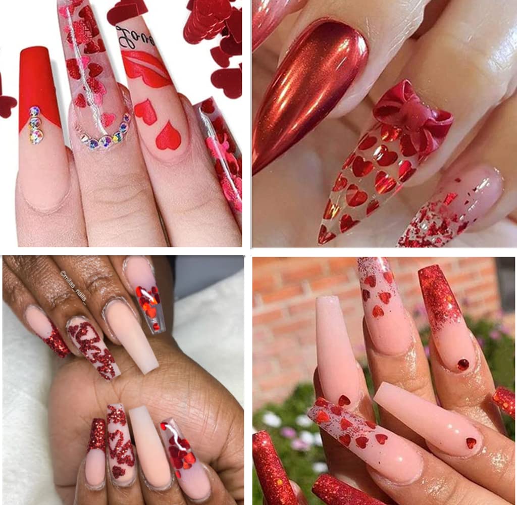 Red Heart Nail Art Glitter Sequins For Valentine'S Day Nail Art Stickers Decals Holographic Love Heart Nail Charms Flakes For Ac