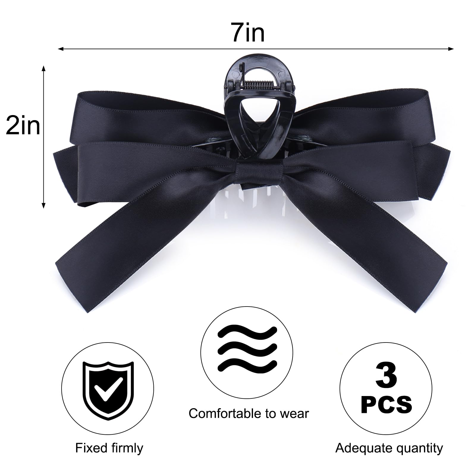 Vodolo Black Bow Hair Claw Clip For Women Girls,3Pcs Nonslip Big Bows Hair Claws Barrette For Thick Thin Hair,Large Hair Accesso
