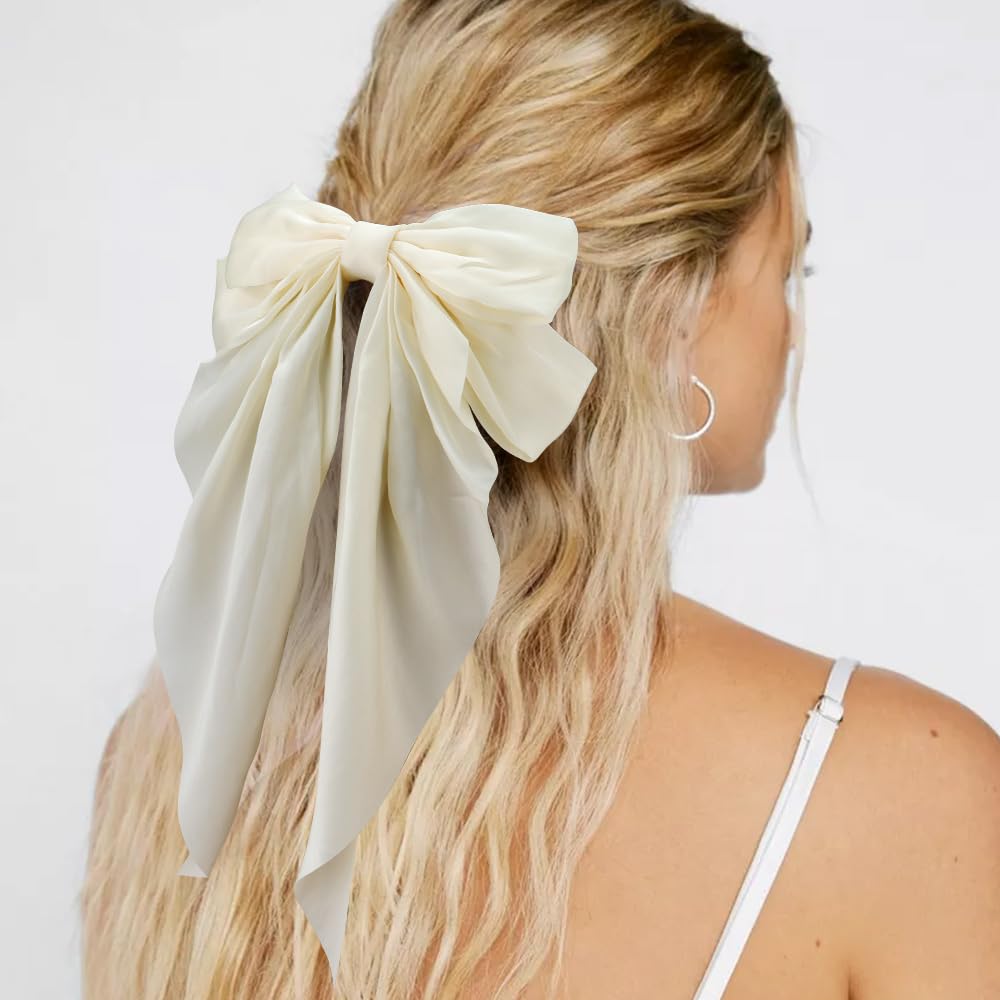 Atoden White Silky Satin Large Oversized Hair Bows With Long Tail And Metal Clips - 2Pcs Aesthetic Bowknot Hair Clips For Women,