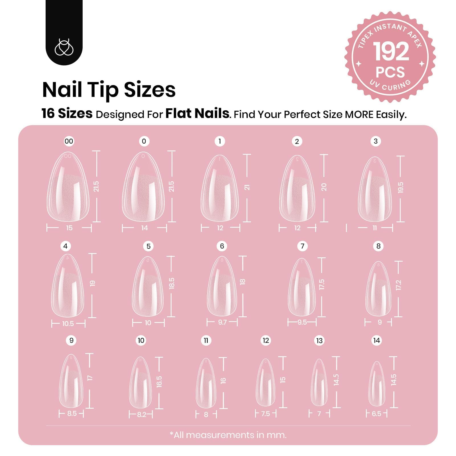 Beetles Tipex Instant Apex Nail Tips Almond Short-Pre-Building & Pre-Etched Strong Thick Acrylic,16 Sizes,192 Pieces
