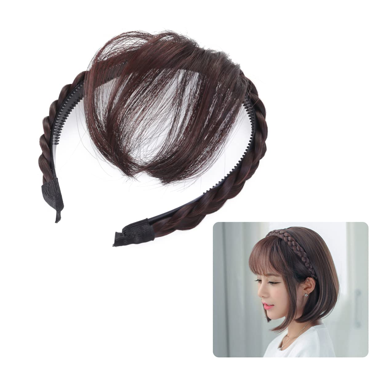 Uonlytech Front Hair Bangs Wigs Headband, Front Hair Bangs Fringe Hair Extensions Synthetic Wigs Headband Braided Wigs Headband