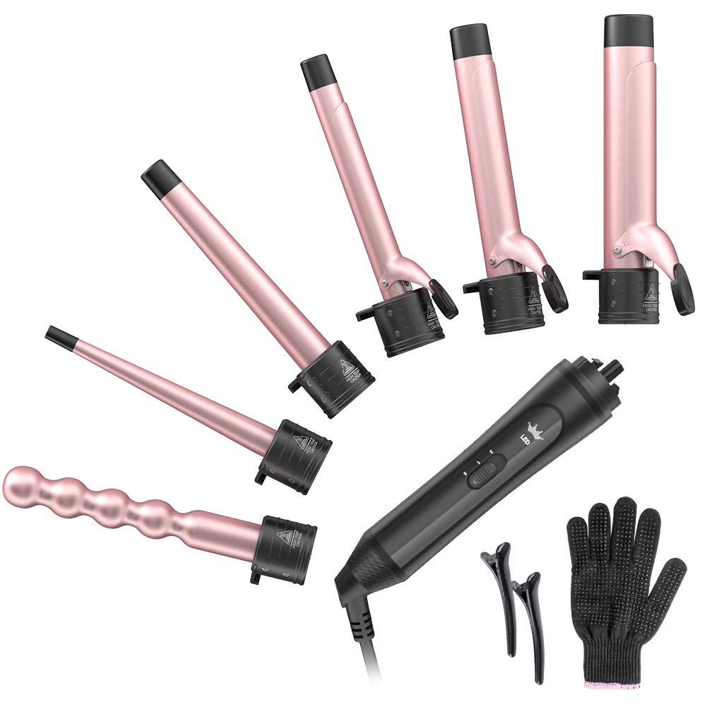 Duomishu 6-in-1 Curling Iron Set, Ceramic Barrels, Rose Gold, 10 Piece, Model 06005, Adjustable Temperature, Heat Protective Glove & Clips