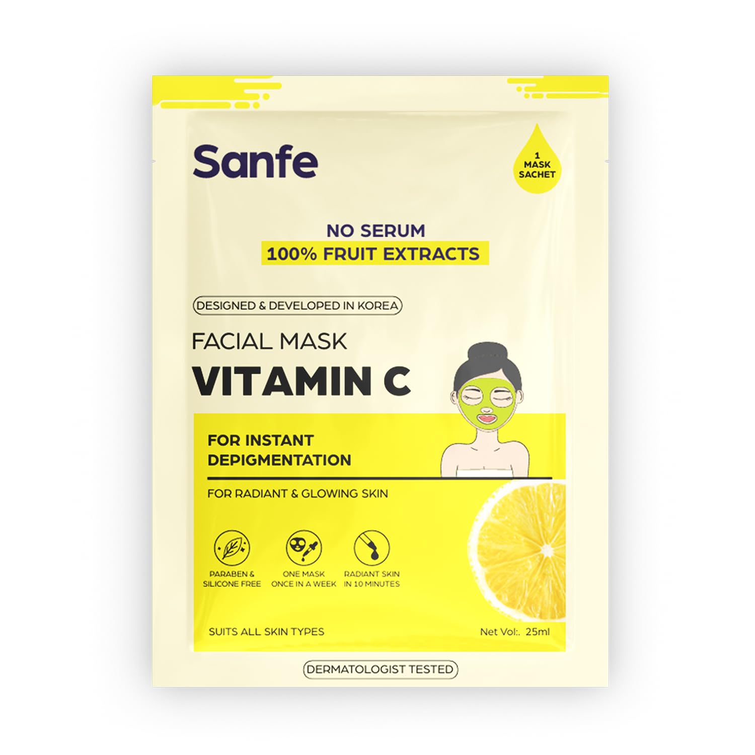 Sanfe Instant Depigmentation Vitamin C Facial Mask | For Radiant & Glowing Skin | 100% Fruit Extracts, Korean Mask | 1Pc, 25Gm