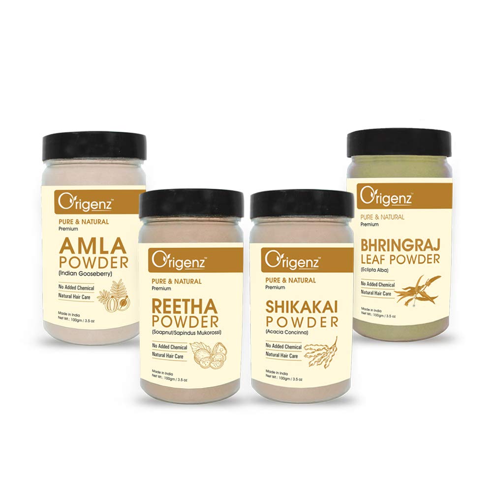 Origenz Natural Hair Care 4 Powders Combo 400 Gm - Amla Reetha Shikakai Bhringraj Powder For Pack, Wash, Mask, Shampoo, Dandruff