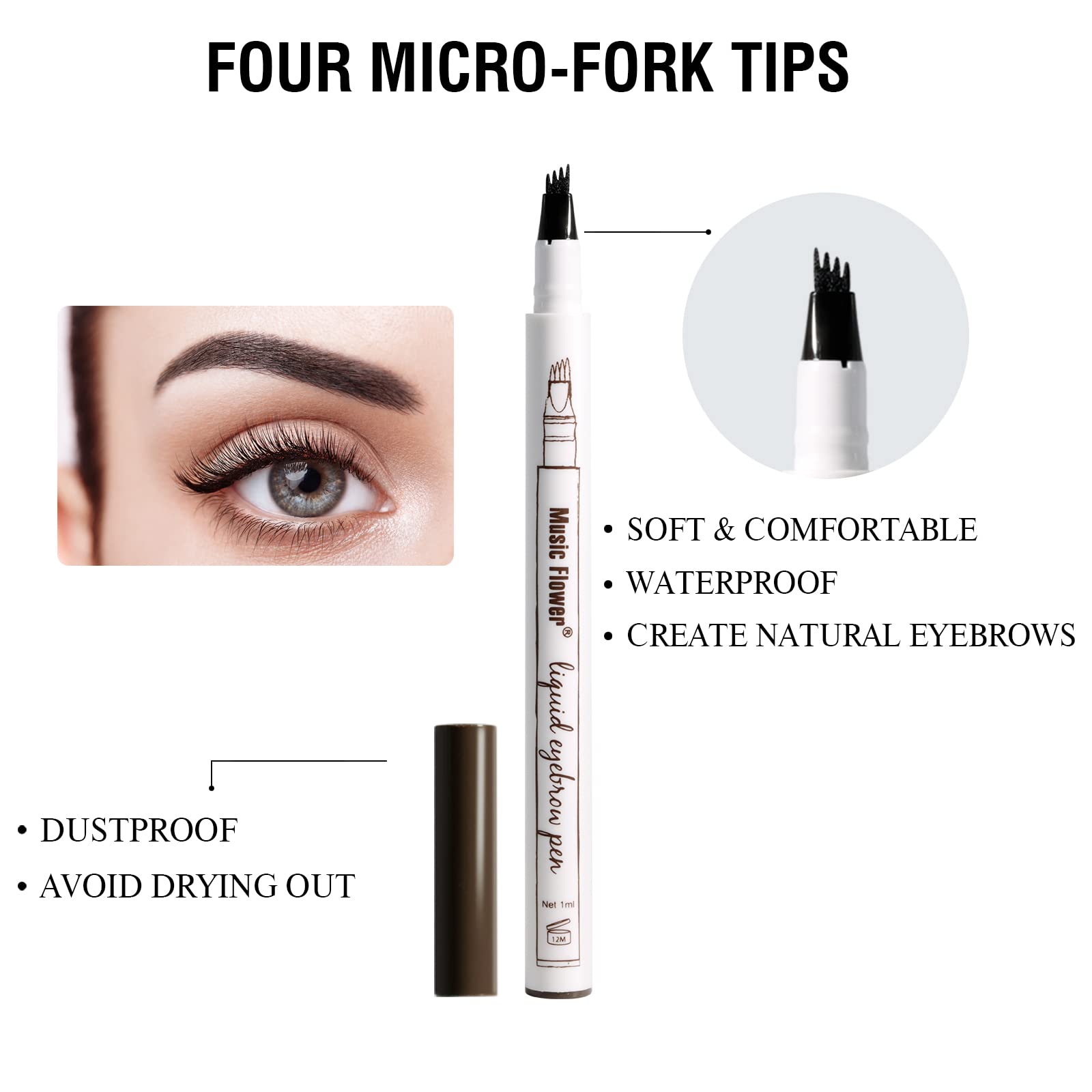 Music Flower Eyebrow Pencil, Liquid Eyebrow Pen, Waterproof Brow Pen With Micro-Fork Tip, Smudgeproof Long Lasting Fine Sketch M