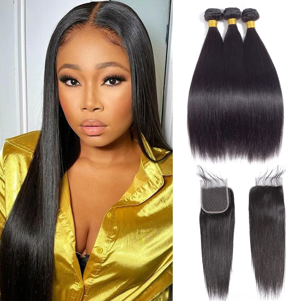 Kapelli Hair Brazilian Virgin Hair Straight Hair Bundles With Closure 12 14 16+10 Inch 10A Straight Human Hair Bundles with Tran