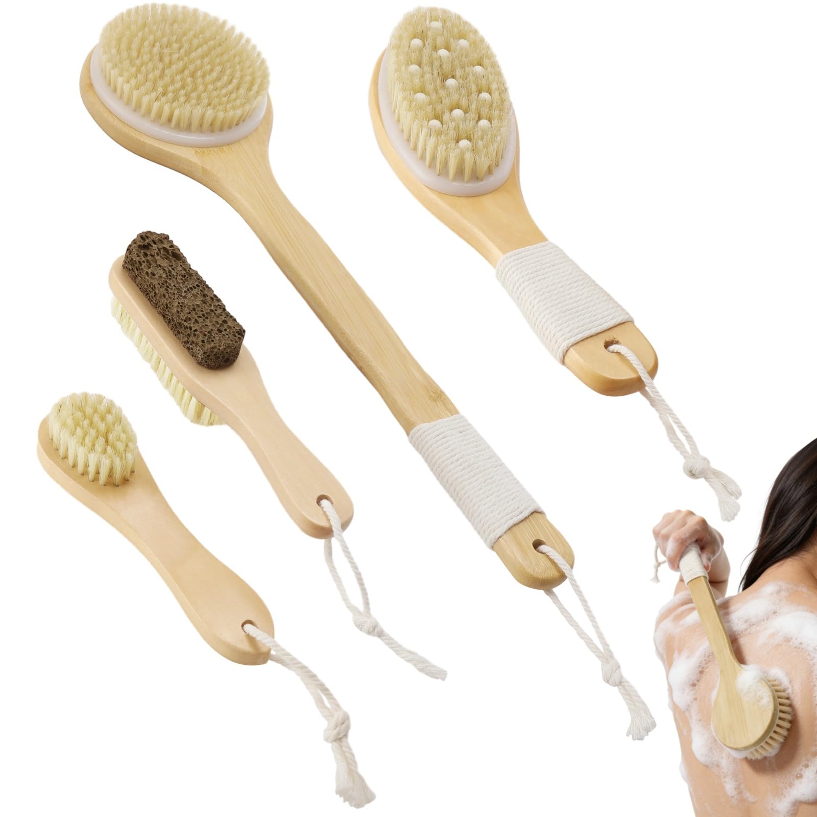 4PCS Dry Brushing Body Brush Set, Natural Boar Bristle Body Scrubber with Long Handle Back Brush, Face Brush, Foot Brush, Pumice