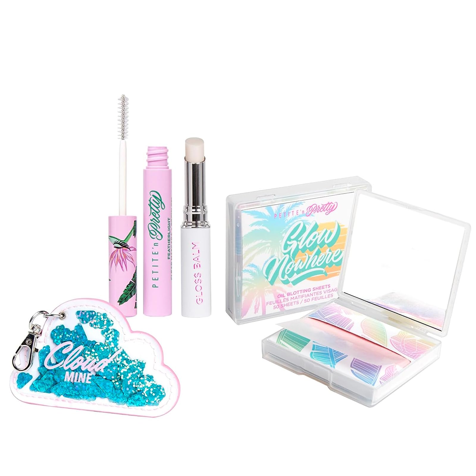 Petite 'N Pretty Makeup Set - Clear Mascara, Brow Gel, Gloss Balm, Blotting Sheets, Cloud Mine Backpack for Kids & Tweens