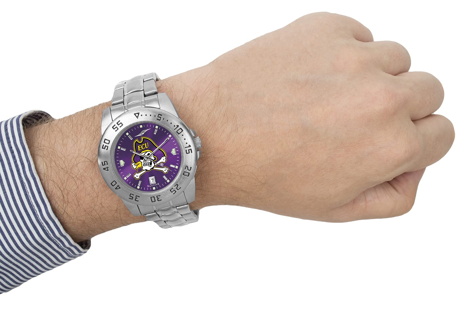 SunTime Men's East Carolina Pirates Sport Watch, 20mm Stainless Steel Strap, Reflective Shiny Dial with Date