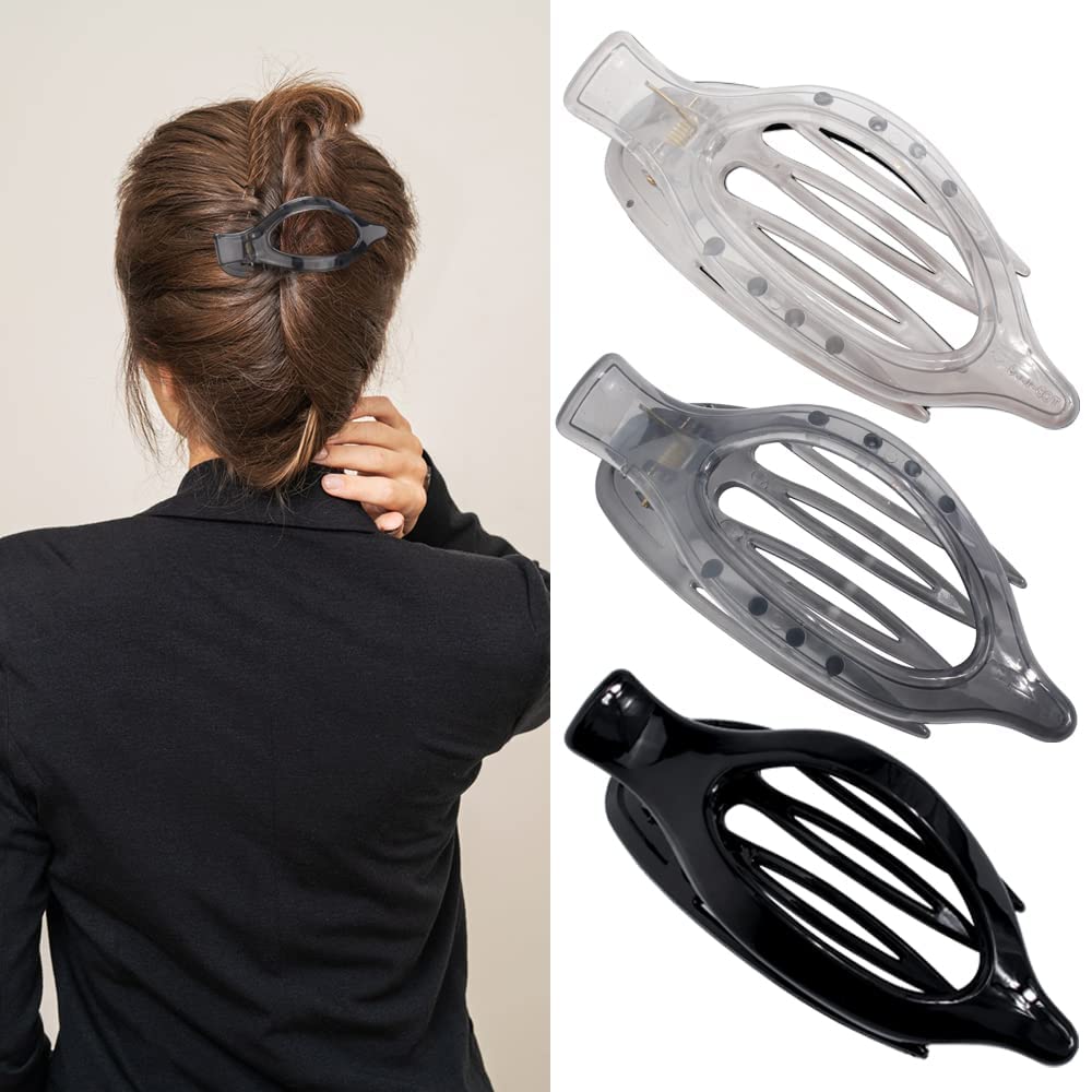 ATODEN Flat Hair Clips Lay Down Hair Clips for Thick Hair Barrettes for Women Alligator Hair Clips 3Pcs Black Hair Clips for Thi