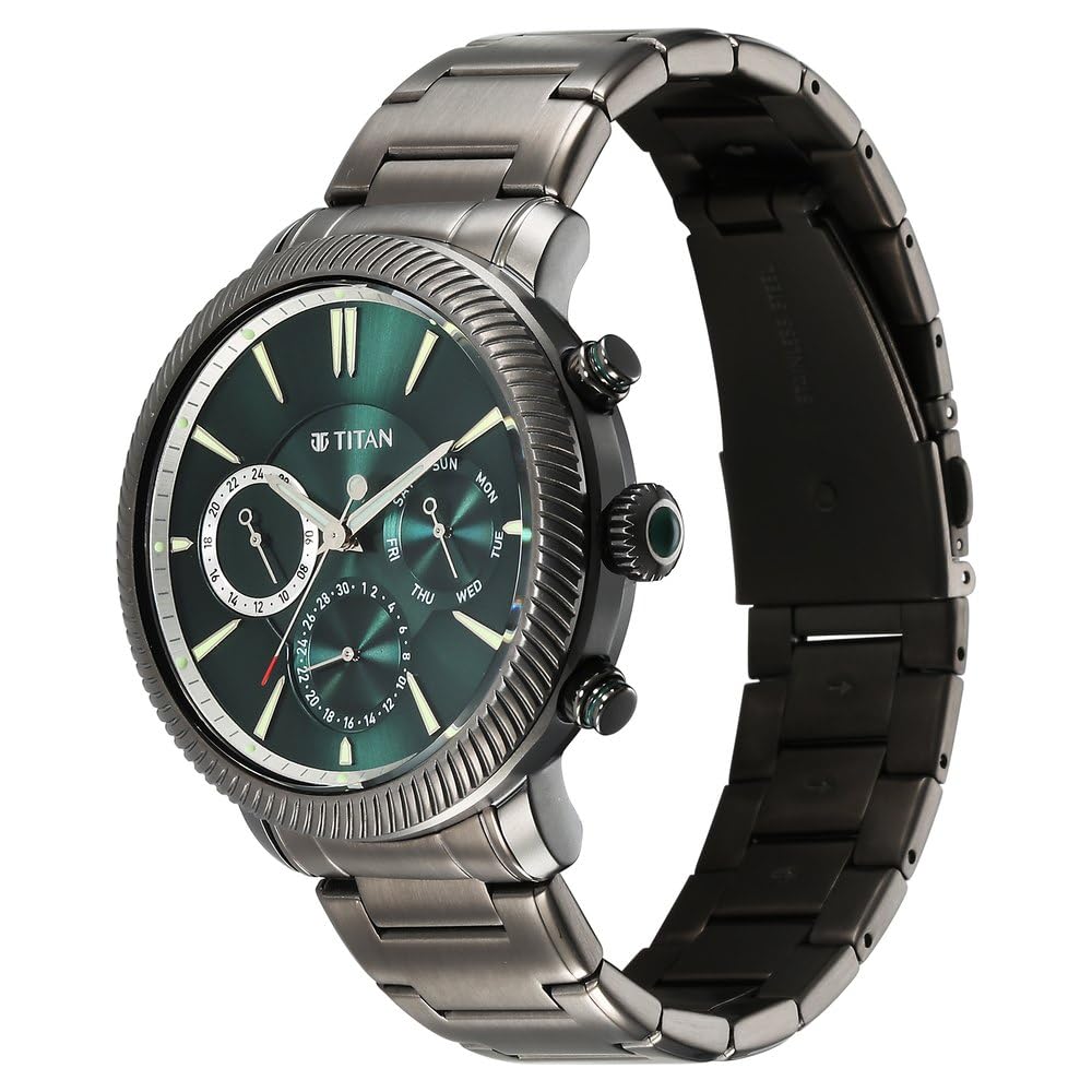 Titan Regalia Stellar Quartz Multifunction Green Dial Stainless Steel Strap Watch for Men-NS10012QM01/NT10012QM01