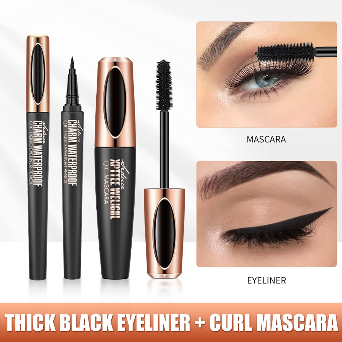 4D Silk Fiber Lash Mascara & Eyeliner Pen, Extension Voluminous Fiber Mascara Waterproof & Smudge-Proof Eyeliner, Long-Lasting N