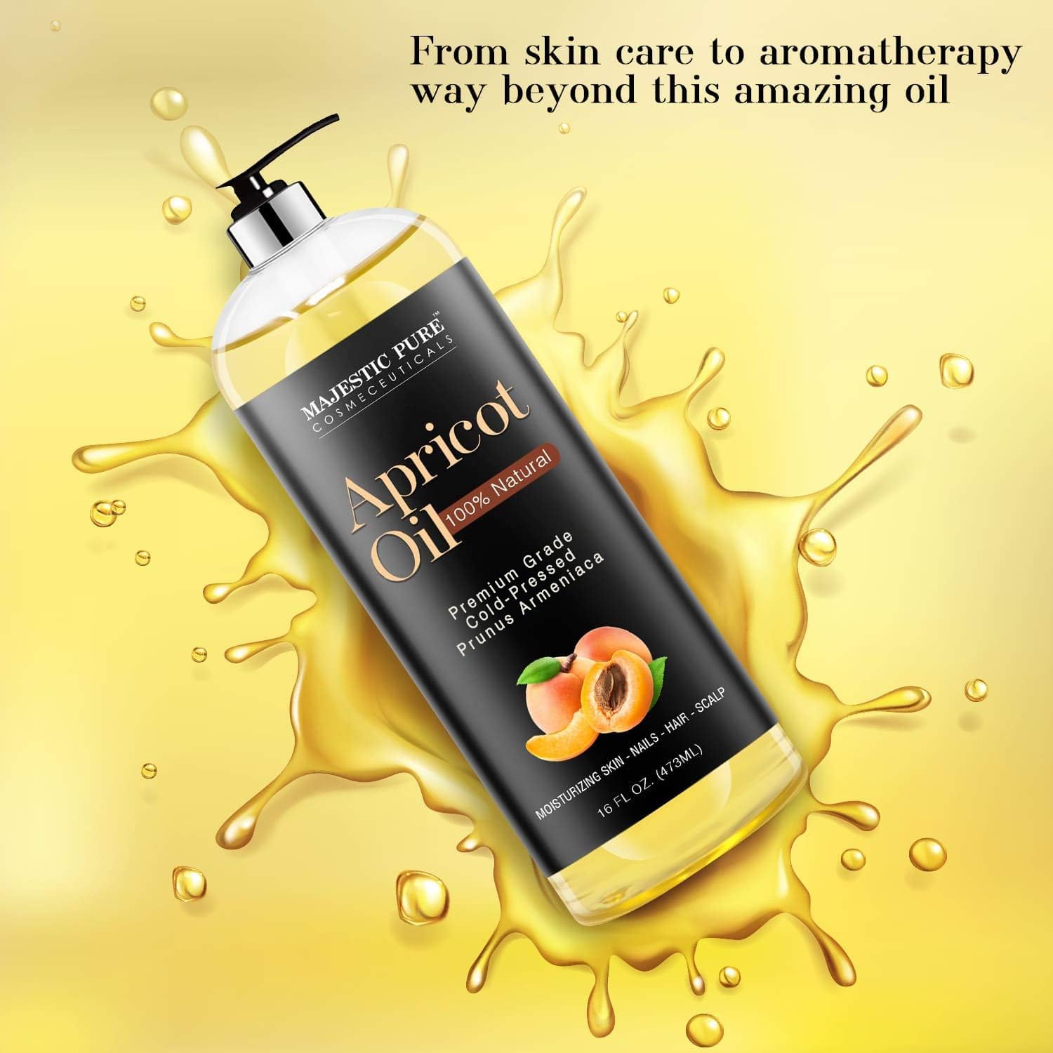 Majestic Pure Apricot Oil, 100% Pure And Natural, Cold-Pressed, Apricot Kernel Oil, Moisturizing, For Skin Care, Massage, Hair C