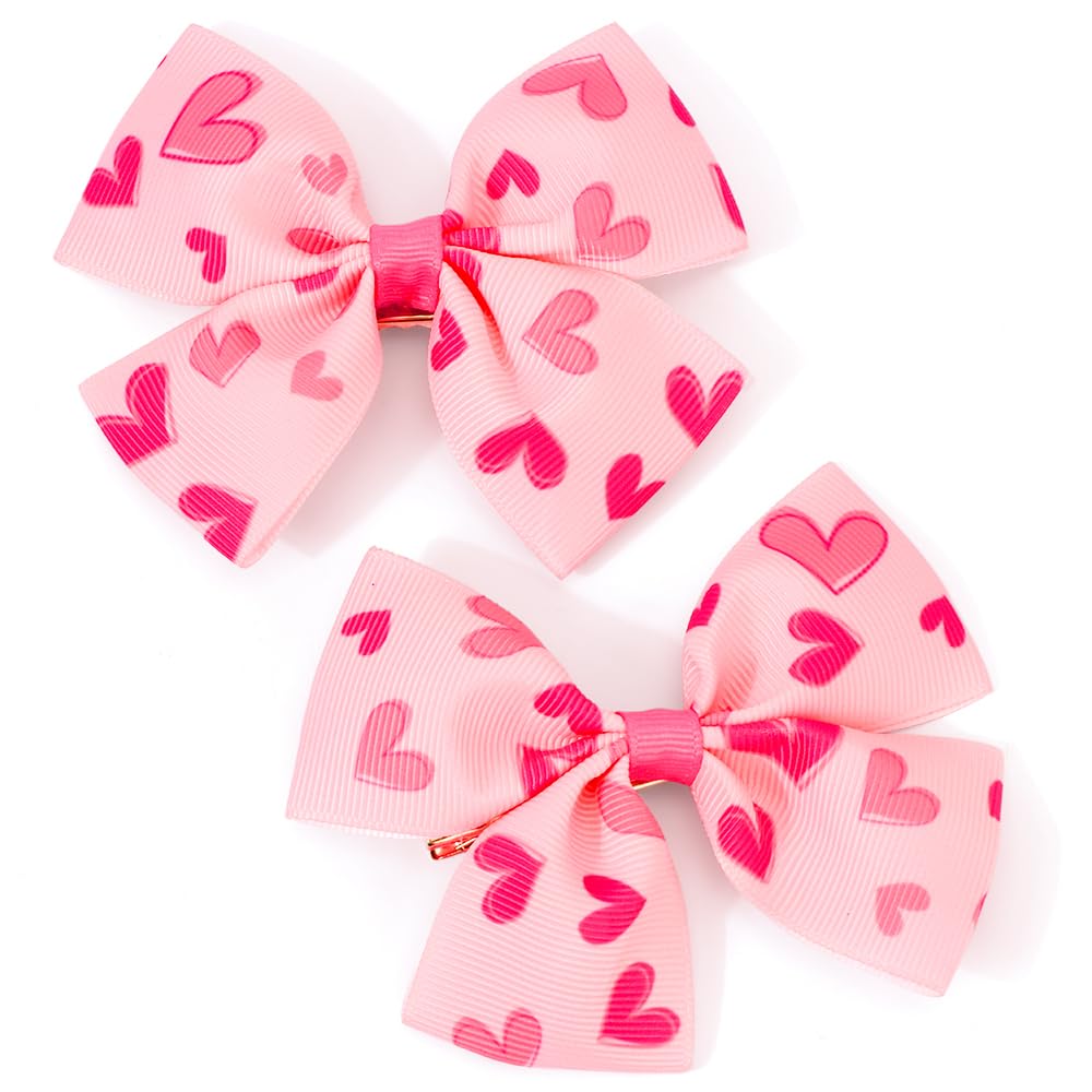 Ahoney Pink Hair Bow Clips 3.5 Heart Print Hair Clips Valentines Hair Accessories for Girls Toddler Hair Barrettes Alligator Cli