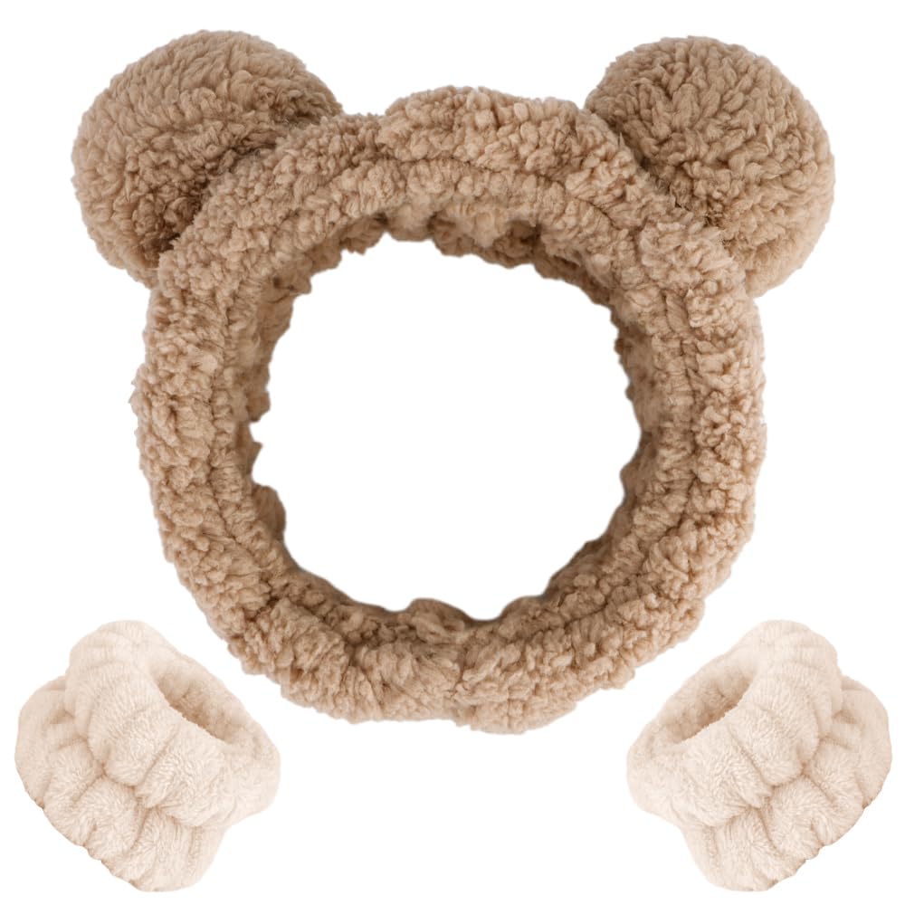 AHONEY Spa Bear Ears Headband, Face Wash Headband and Wristband Set, Cute Makeup Skincare Headbands Wrist Bands for Washing Face
