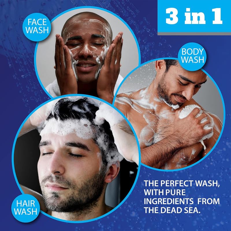 Dead Sea Collection Men's 3-in-1 Body Wash - Sandalwood, 33.8 Fl Oz (Pack of 2) - Shampoo, Shower Gel & Soap for Face and Hair