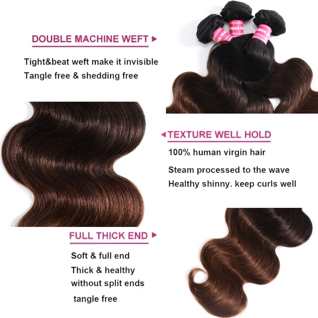 Unice Chestnut Brown Ombre Body Wave Human Hair Weave 3 Bundles 10 10 10 Inch Brazilian Remy Human Hair Wavy Sew In Human Hair E